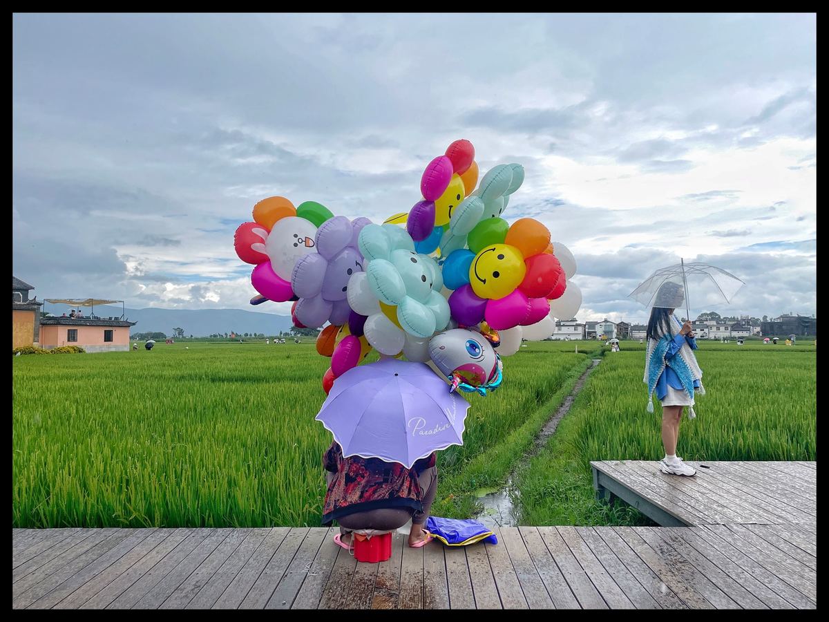 一位拿着雨伞 带着彩色气球站在稻田里的女人