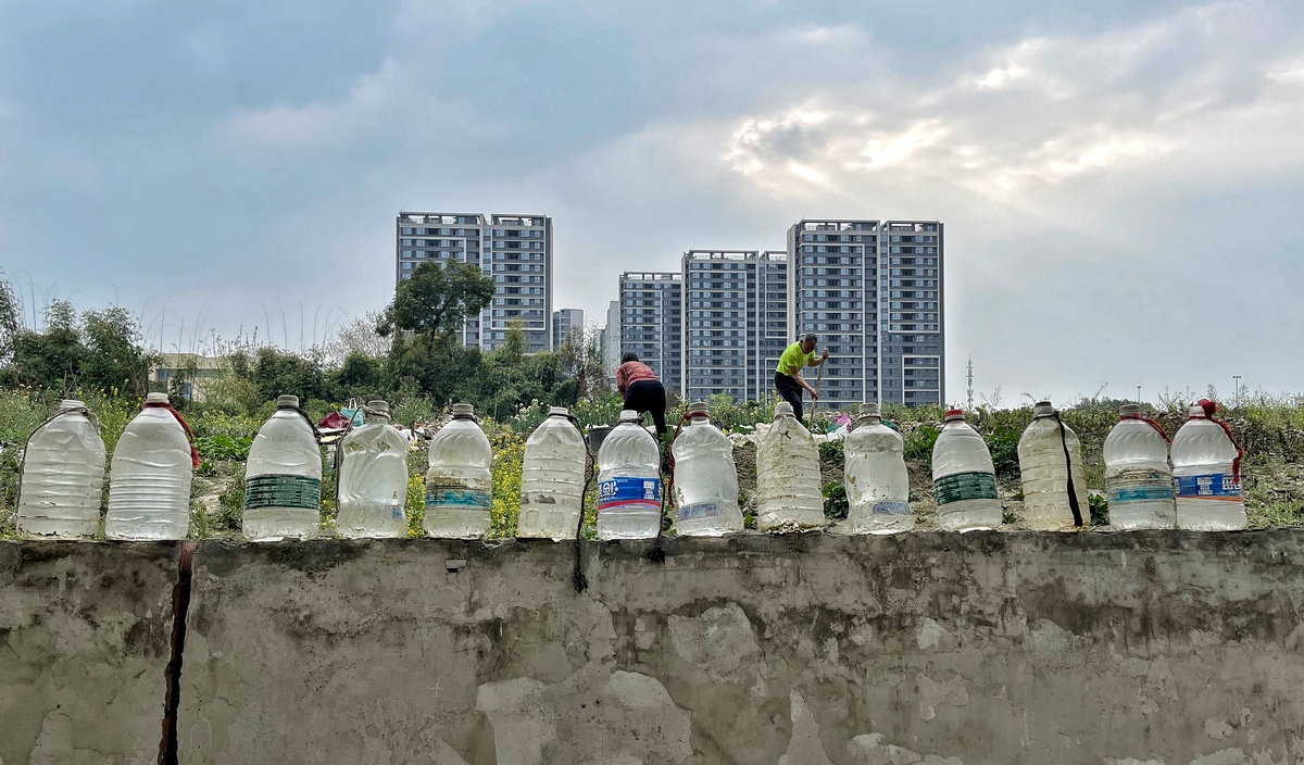 一个人站在由塑料瓶制成的墙上 背景是一座城市。