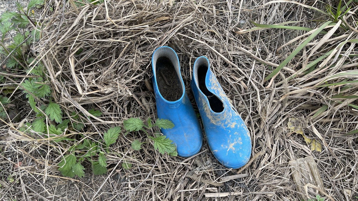 一双蓝色的鞋子躺在地上