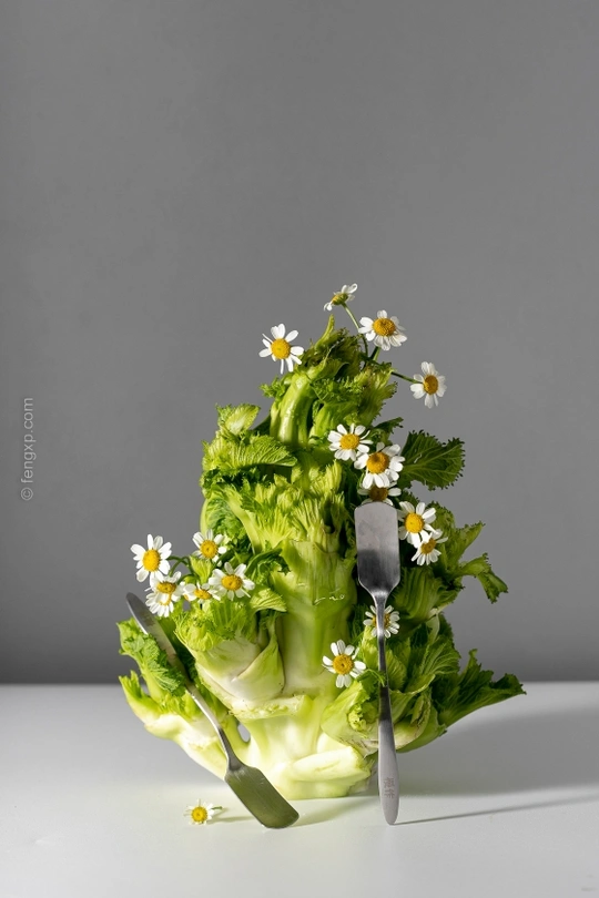 生菜前面有野花和刀叉