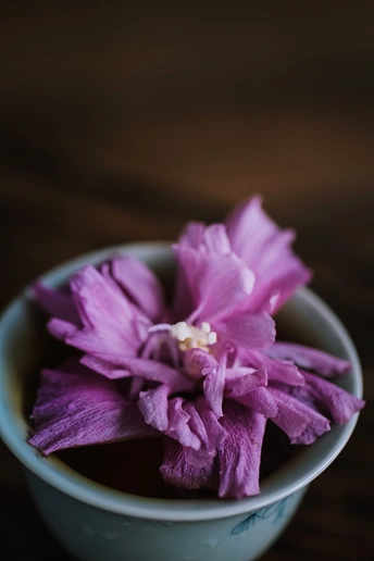 桌子上盛满紫色花瓣的小碗