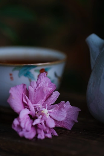 一杯茶和一个茶壶放在一张开着粉红色花的木桌上