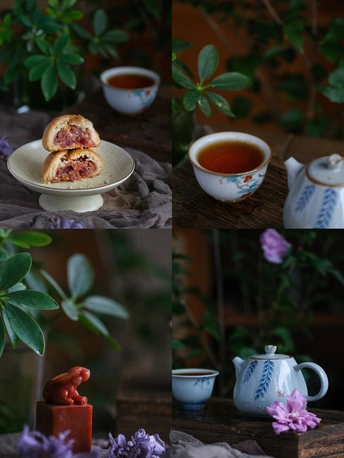 照片拼贴 里面有小碟食物、一杯茶、一个茶壶和一些花
