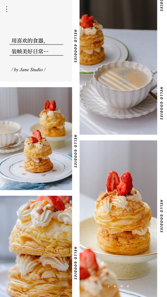 一系列照片显示了一堆放在白色盘子里的蛋糕和糕点