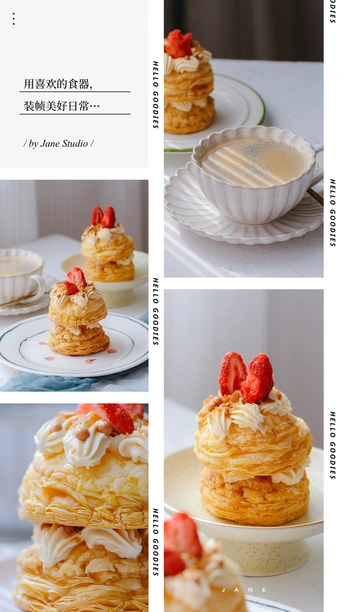 一系列照片显示了一堆放在白色盘子里的蛋糕和糕点
