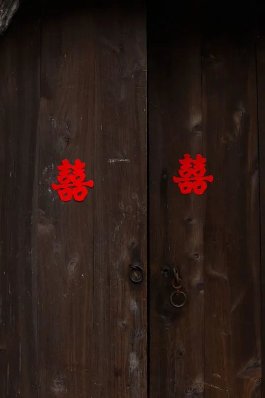 墙上开满了红色的花 在一座老木屋里。