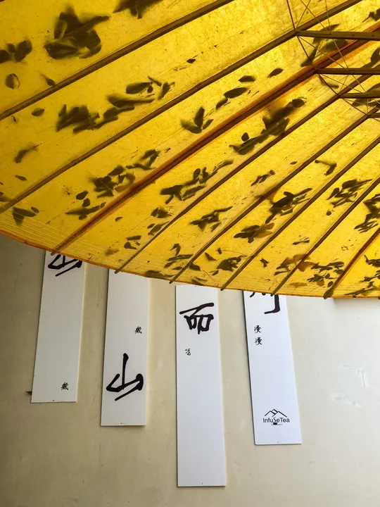 一把挂在一面墙上的黄色雨伞 上面有书法