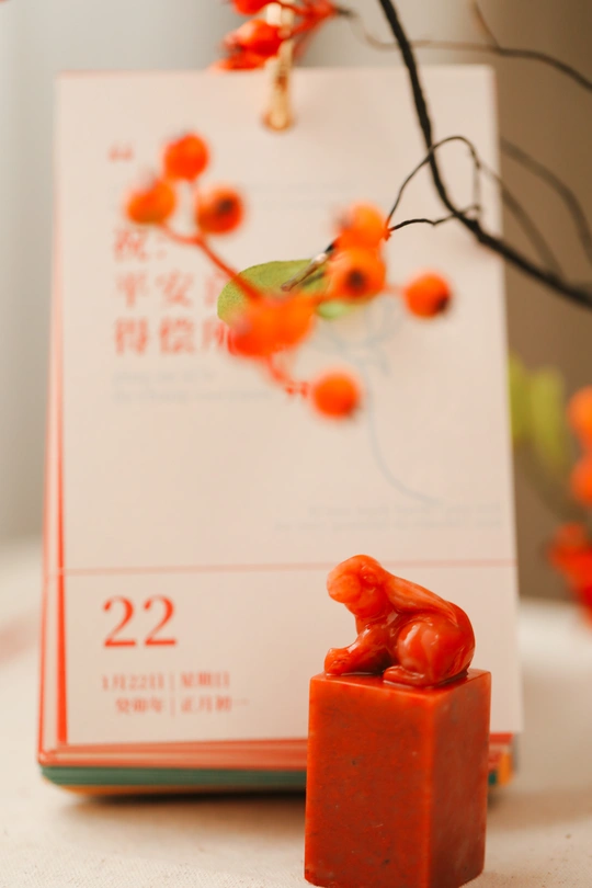 一小块香皂 旁边放着一束红色的花瓶。