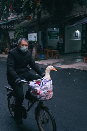 一个戴面具的老人骑着自行车 车篮子里有一只鸭子。