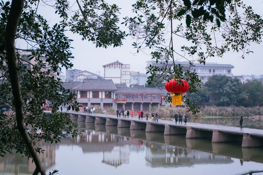 挂有红灯笼的树上的桥横跨在水面之上 前景为挂有红灯笼的树 背景为建筑群。