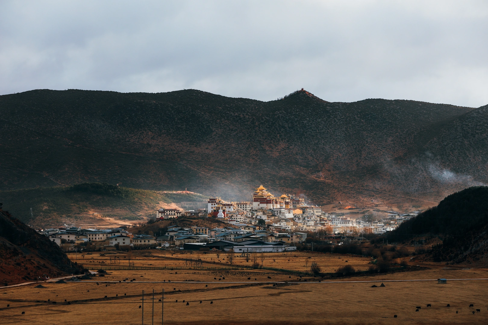 一个山谷中的城市 前景有山丘和田野