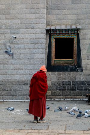 一个人穿着红袍子走过一座建筑物 鸽子在街上飞翔。