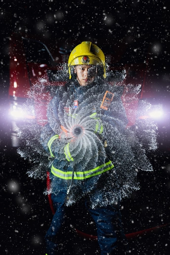 一个戴头盔的年轻消防员站在黑暗中