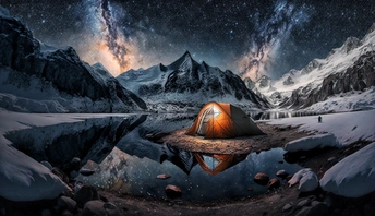 在山上的一个美丽的夜晚 帐篷和星空下的一个湖泊