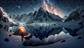 站在山间帐篷旁 星空下 美丽夜晚。