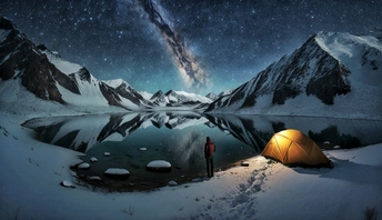 一个站在雪山帐篷旁边 星空下美丽的夜晚 有星星的山上的人