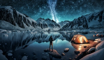站在湖边的一个男人正在注视着在山脉中的帐篷 在美丽的星空下 星空布满了星星。
