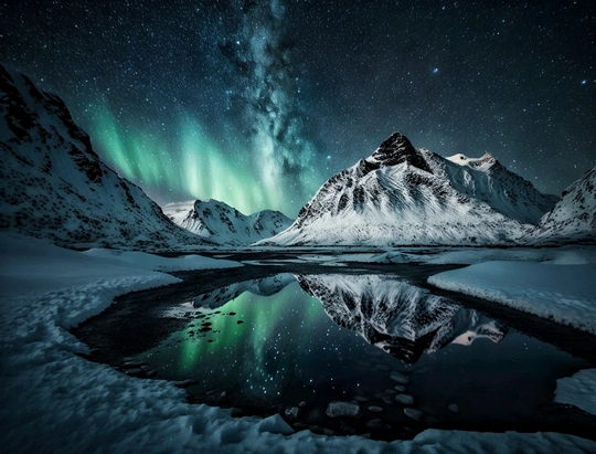 群山中的美丽夜晚 天空中繁星闪烁 前景中有一片湖泊。