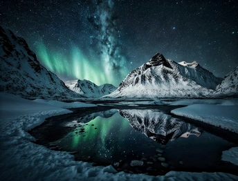 群山中的美丽夜晚 天空中繁星闪烁 前景中有一片湖泊。