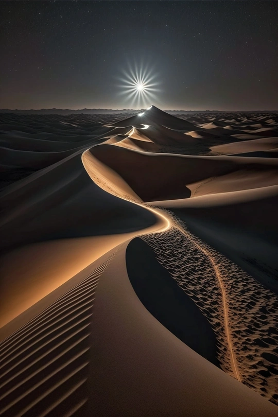 夜晚沙漠中一颗星发出光芒