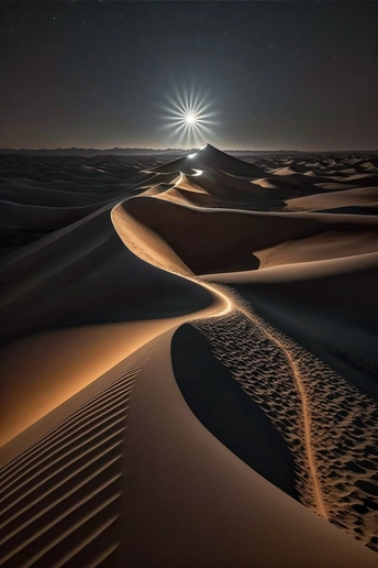 夜晚沙漠中一颗星发出光芒