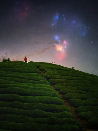 一个人在夜晚的绿色小山上 灯塔照亮了天空。