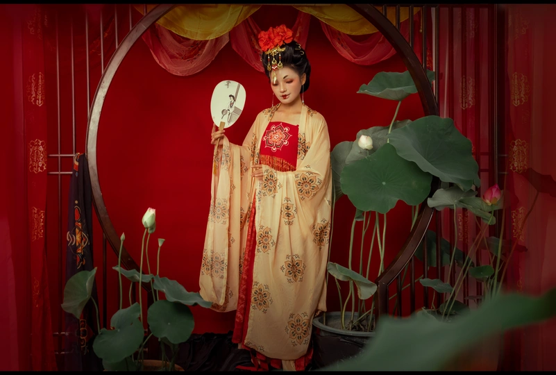 一位身着传统服装的年轻女子撑着一把红色雨伞摆姿势