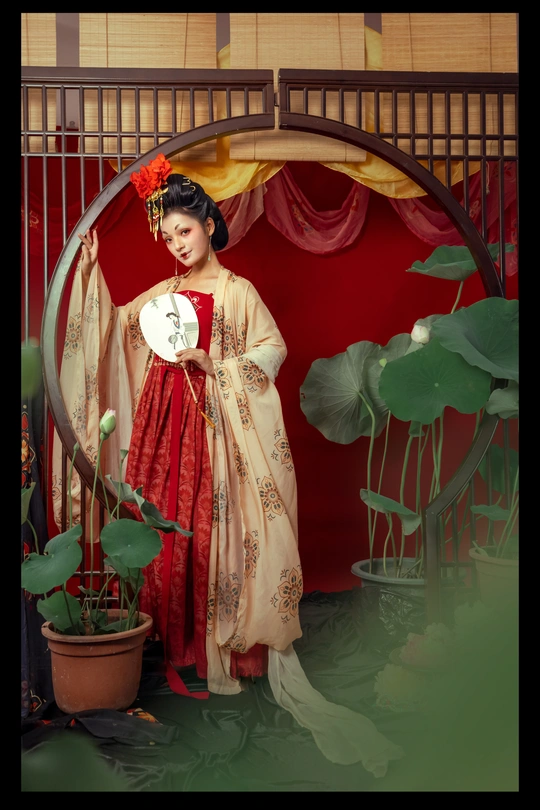 一名身穿红白和服、手持扇子和雨伞的年轻女子在红白背景前摆出姿势