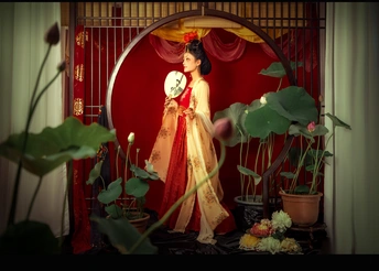 一个穿着红色连衣裙拿着钟的女人