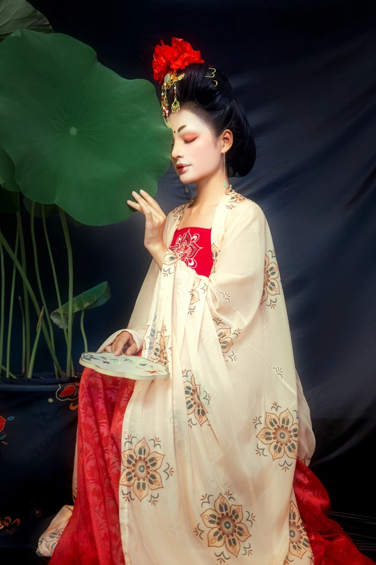 一个穿着红白相间服装的年轻女子拿着一个盘子