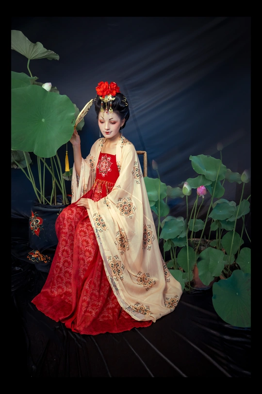 一位身着传统服装的年轻女子撑着一把红色雨伞摆姿势