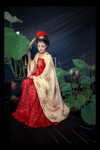 一位身着传统服装的年轻女子撑着一把红色雨伞摆姿势