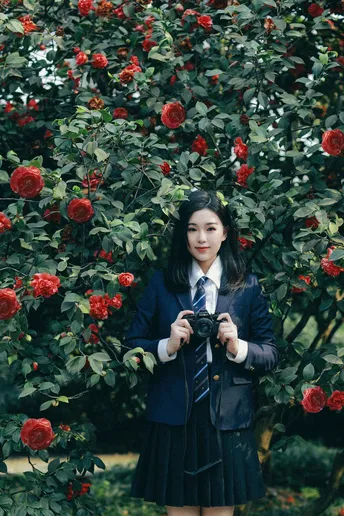 一位年轻女子手持相机 在有红花的树前摆姿势拍照。