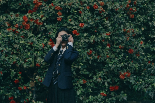 一位穿着西装的女士手持相机 正在给一棵开红花的树拍照。