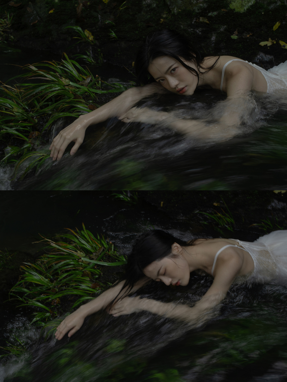 一个穿着白色连衣裙的漂亮年轻女子躺在溪流中 而另一位年轻女士躺在水中