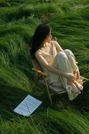 一个穿着长裙的年轻女子坐在一片高高的绿色草地上的一把椅子上。