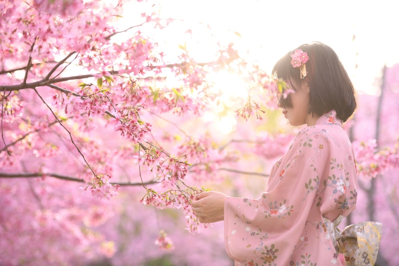 樱花下 穿着粉色连衣裙的年轻女子抱着小女孩。