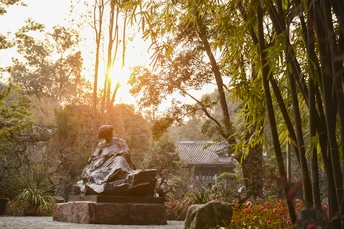 一个人坐在花园中间的雕像 背景是树木。