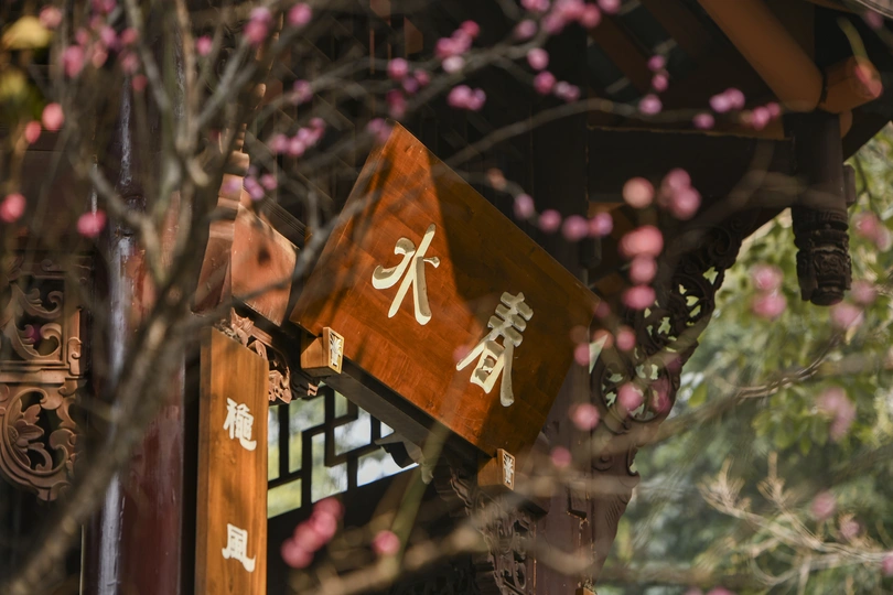 一座带有粉色花朵垂挂在其侧面的木质建筑