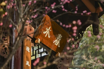 一座带有粉色花朵垂挂在其侧面的木质建筑