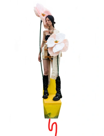 一个男人拿着一朵粉红色的花 一个女人拿着一把伞。