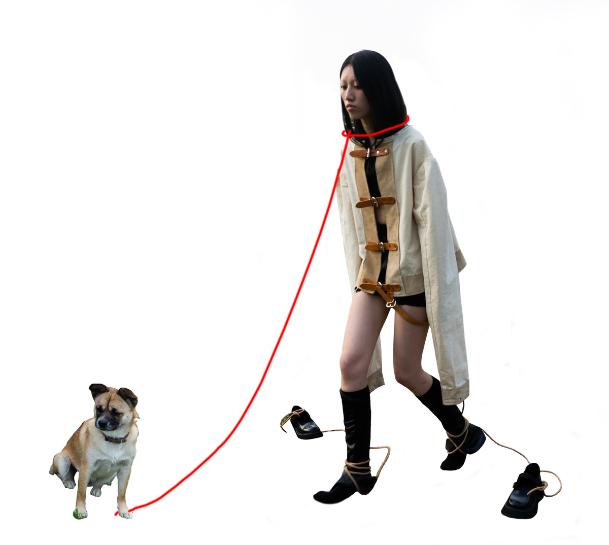 一位穿着白色衣服的女人抱着一条狗链 上面站着一只小狗。