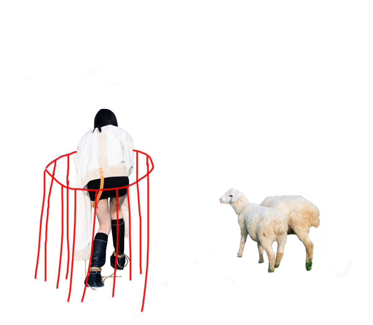 一个人站在红色的椅子上 旁边有一只白色的羊 在雪地里。