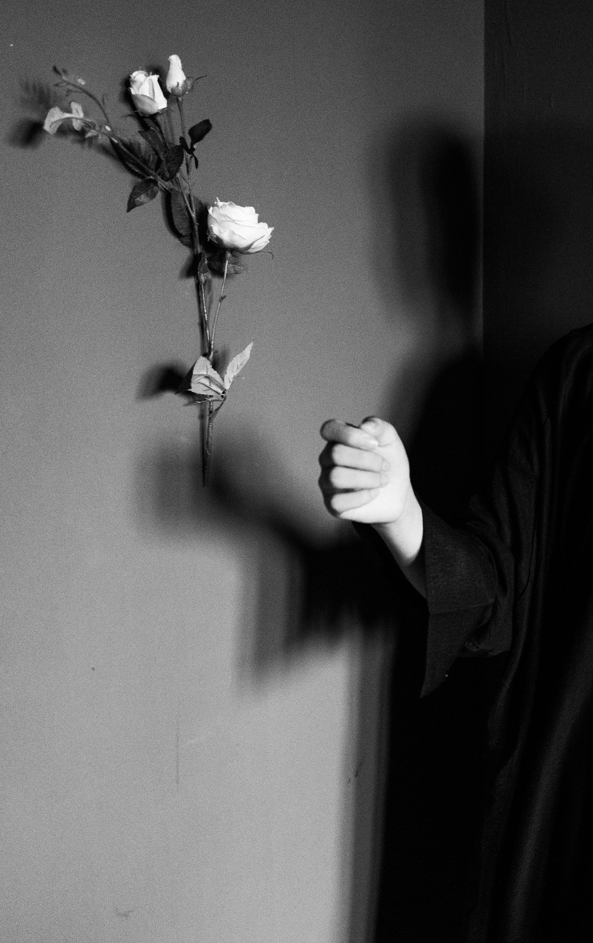 一张黑白照片 一位女子手握玫瑰 倚靠在墙上