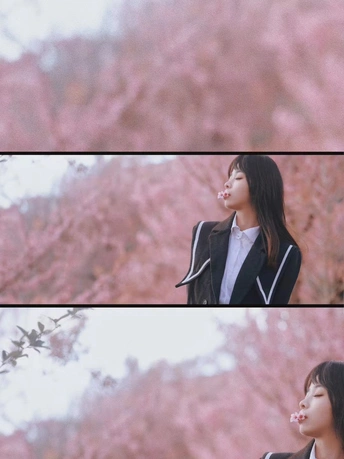 站在一棵粉红色花树前的女人