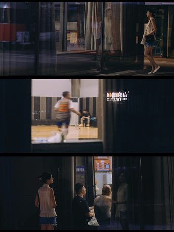 一个场景 一个女子在打篮球 一个男子在散步。