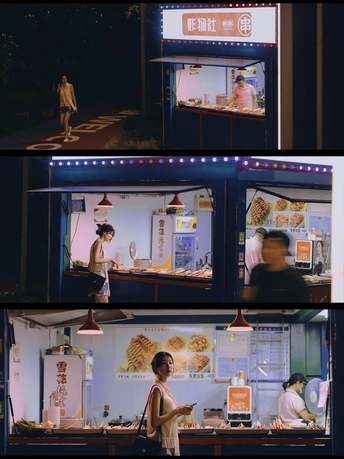 一系列图片展示了一位女士站在一家餐厅前