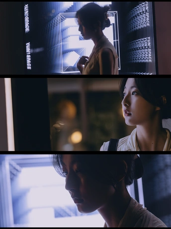 一位女孩透过窗户看冰箱的场景