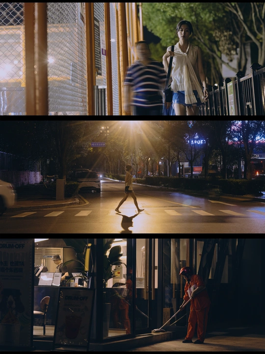 一系列夜晚在城市街道上行走的女性照片 以及人行道上骑滑板的人。