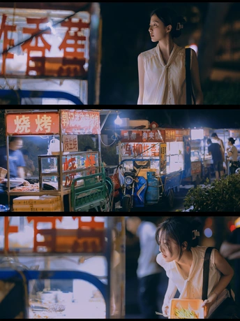 一个站在街上的女人 前面有其他食物图像。